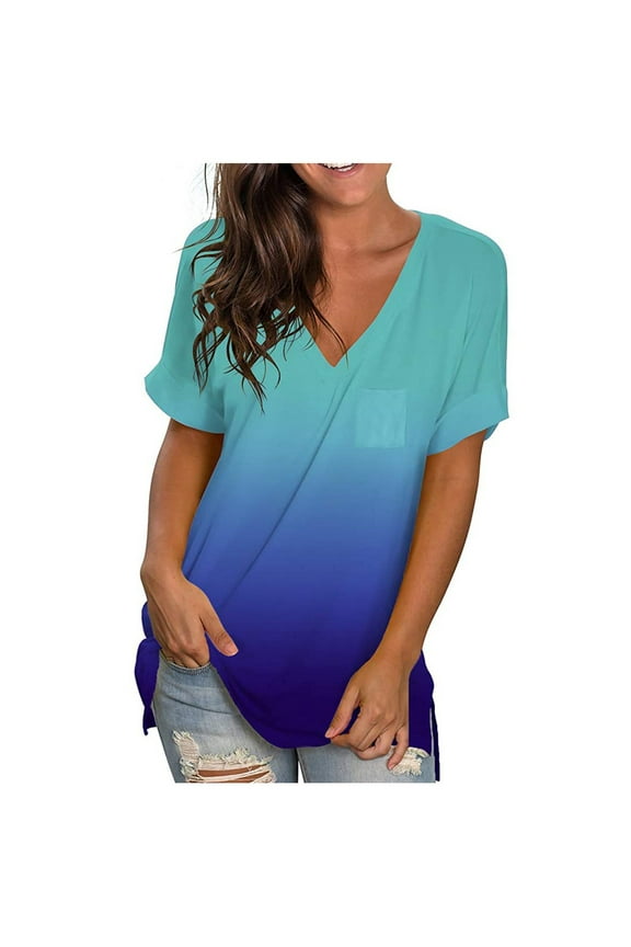 Yufatyle Blouses for Women Casual Summer Hot Blouses for Women Dressy Casual Girls' Tops, Tees & Blouses V-Neck T-shirt Loose Comfortable Female Blouses Blue