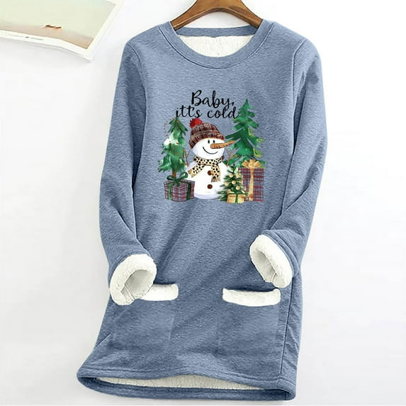 SwiftWear Blue Sweatshirts for Women Warm Lined Fleece Pullover Xmas Print Crewneck Tops Soft Loungewear with Pockets L