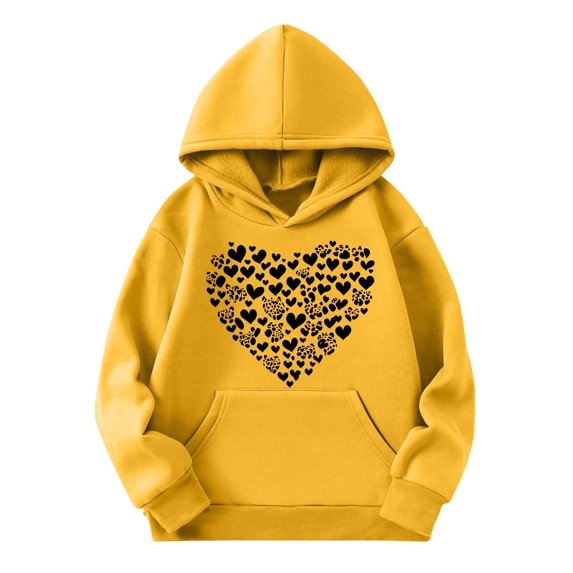 Yufatyle Boys Girls Hearts Print Long Sleeve Hooded Neck Pullovers Sweatshirts Kids Hoodies with Kangaroo Pocket, 3-14T, Yellow