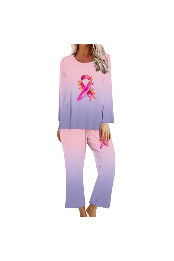 Breast Cancer Pajamas for Women Long Sleeve Pullover Pants 2 Piece Pjs Set Pink Ribbon Graphic Sleepwear Comfy Loungewear XL