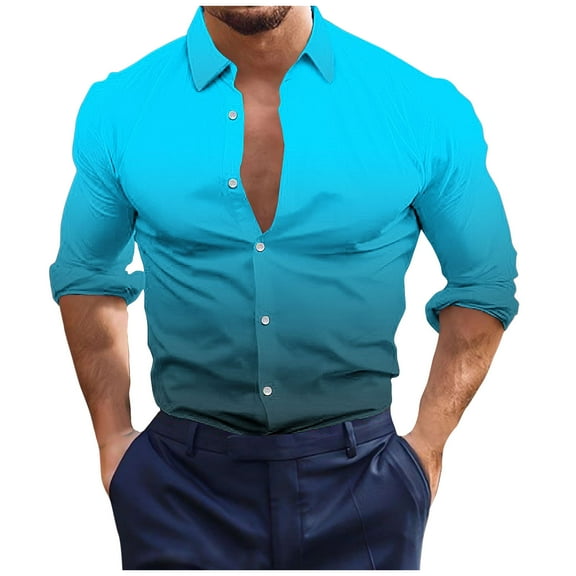 SwiftWear Button Down Shirts for Men Gradient Long Sleeve Dress Shirts Casual Muscle Slim Fit Beach Top Vacation Blue XXL