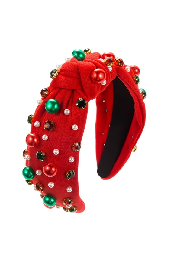 Christmas Headband Pearl Knotted Headband for Women Red Green White Pearl Rhinestone Jeweled Hairband Headpiece Winter Xmas Holiday Twist Knot Wide Head Band Hair Accessories Gift
