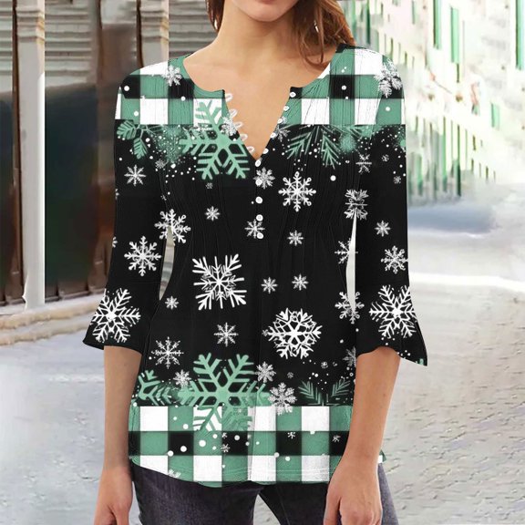 Yufatyle Christmas Snowflake V Neck Shirt for Women Trendy Plaid 3/4 Sleeve T-Shirts Xmas Pullover Tops Button-Up Henley Shirts M