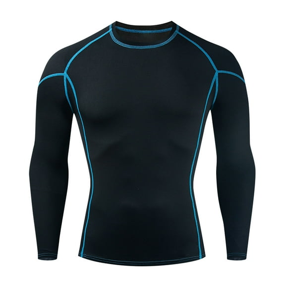 SwiftWear Compression Shirt Men, Solid Color Exercise Tight High Resilience Long Sleeve Round Neck Pullover T Shirt Undershirt, Blue M
