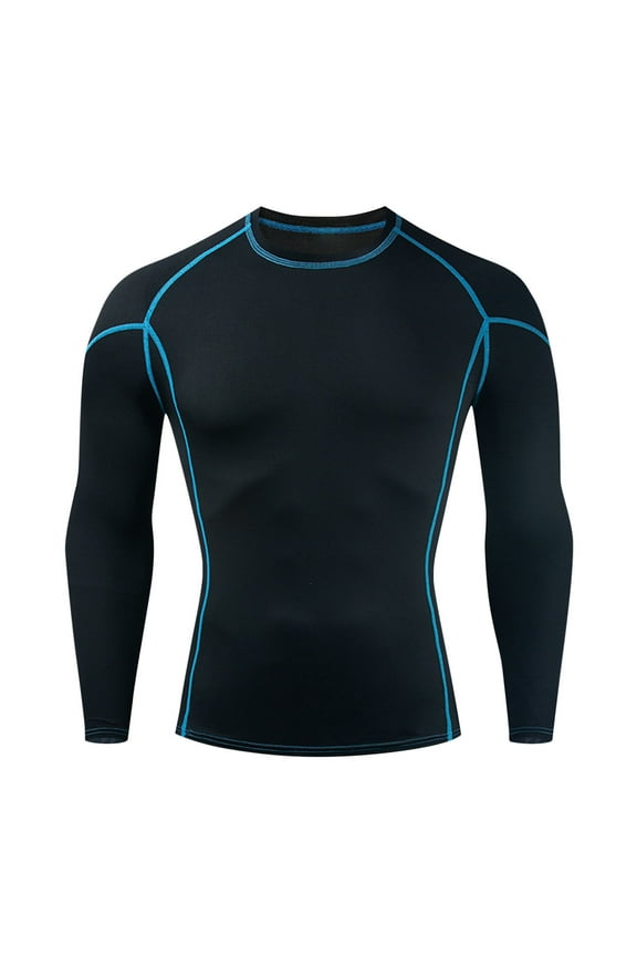 Compression Shirt Men, Solid Color Exercise Tight High Resilience Long Sleeve Round Neck Pullover T Shirt Undershirt, Blue XL