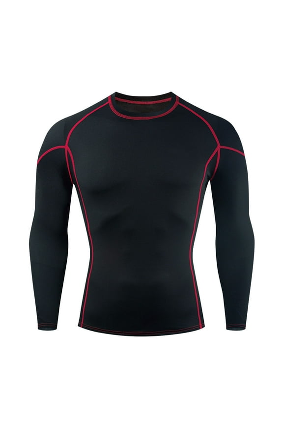 Compression Shirt Men, Solid Color Exercise Tight High Resilience Long Sleeve Round Neck Pullover T Shirt Undershirt, Red L