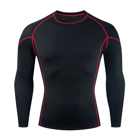 SwiftWear Compression Shirt Men, Solid Color Exercise Tight High Resilience Long Sleeve Round Neck Pullover T Shirt Undershirt, Red M