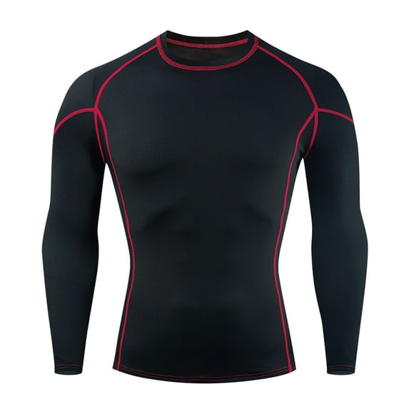 SwiftWear Compression Shirt Men, Solid Color Exercise Tight High Resilience Long Sleeve Round Neck Pullover T Shirt Undershirt, Red XXL