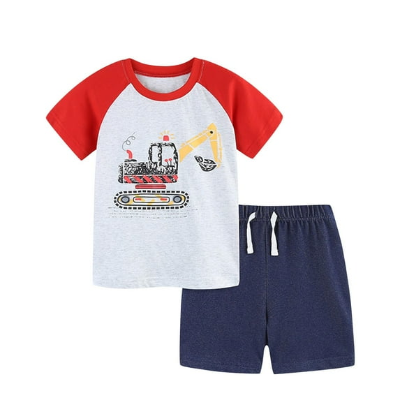 SwiftWear Cotton Little Boys Outfits Set Short Sleeve Digger Graphic Tee and Shorts Set Summer Clothes for Kids 2-8T