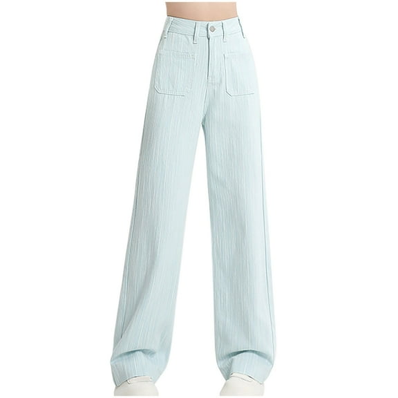 Yufatyle Cotton Pants for Women Fashion Button Zipper High Waisted Wide Leg Full Length Pants Solid Jeans S