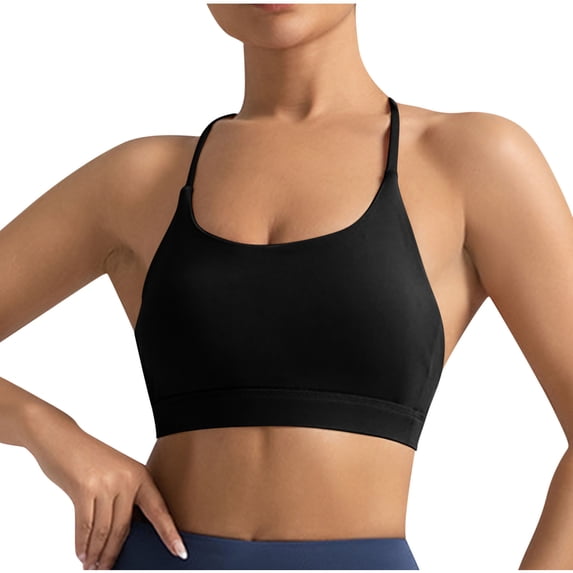 SwiftWear Cross Back Sports Bra Solid Color Wireless Yoga Top Bra Spaghetti Strap Padded Running Sport Bras, Black L