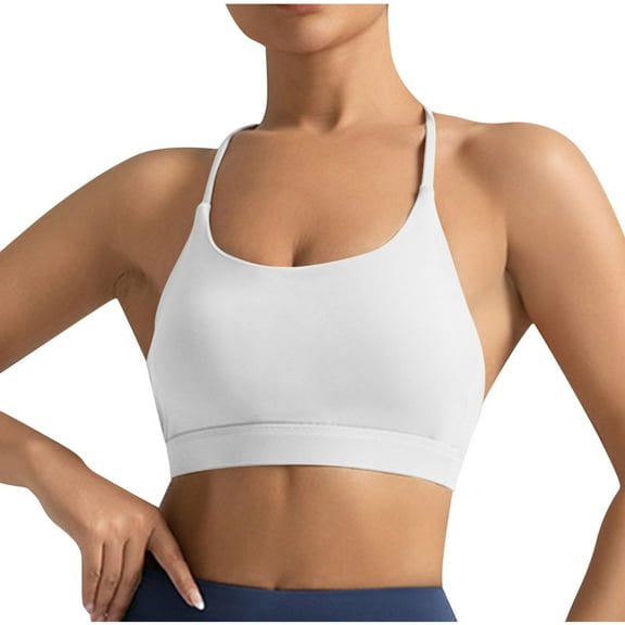 SwiftWear Cross Back Sports Bra Solid Color Wireless Yoga Top Bra Spaghetti Strap Padded Running Sport Bras, White L
