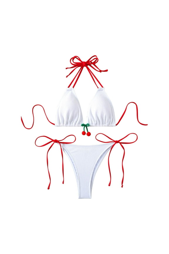 SwiftWear Cute Cherry Triangle Bathing Suits White 2 Piece Tie Side Bikini Swimsuit for Women M