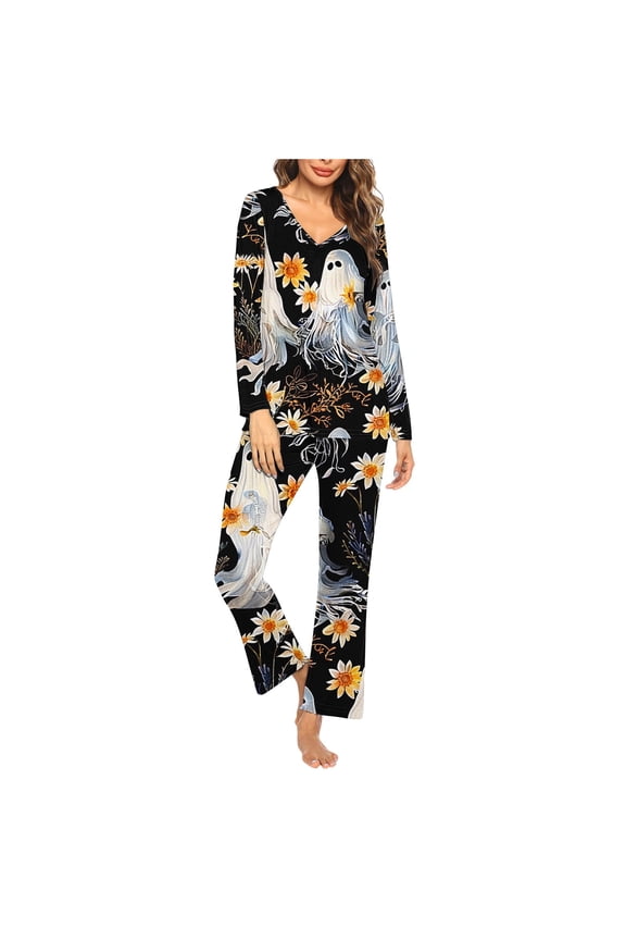 Cute Ghost Halloween Pajamas Set for Women Long Sleeve V-Neck Comfy Pjs 2 PCs Lounge Set Soft Sleepwear Homewear 3XL