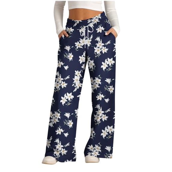 Yufatyle Elastic High Waist Pants for Women Casual Loose Fashionable Floral Printed Drawstring Wide Leg Pants XXXL