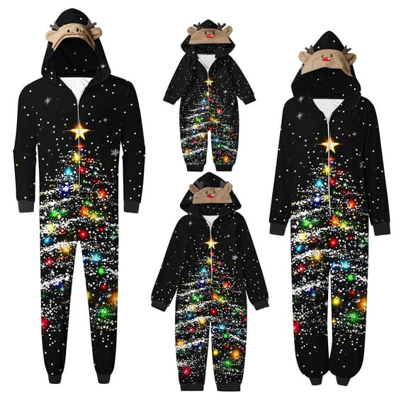 SwiftWear Family Christmas Pajamas Matching Sets Onesie Zipper Hooded One-Piece Pjs Black Jumpsuits for Women Men Kids