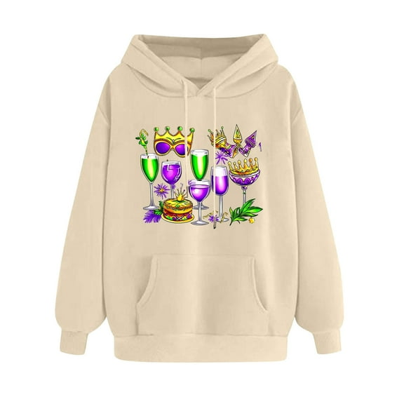 SwiftWear Fashion Mardi Gras Hoodie Women Long Sleeve Spring Fall Tops Casual Drawstring Hoodie with Pocket Khaki