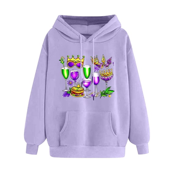 SwiftWear Fashion Mardi Gras Hoodie Women Long Sleeve Spring Fall Tops Casual Drawstring Hoodie with Pocket Purple