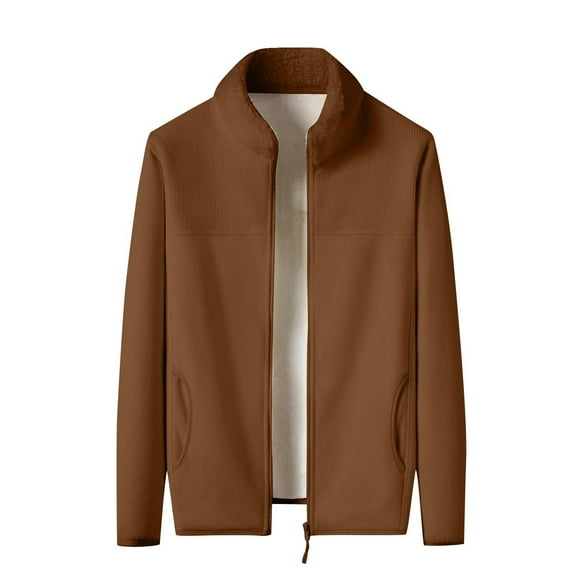 Yufatyle Fleece Jackets for Men, Men's Fashion Casual Solid Color Full Zipper Long Sleeve Hoodless Casual Outwear Coffee XL