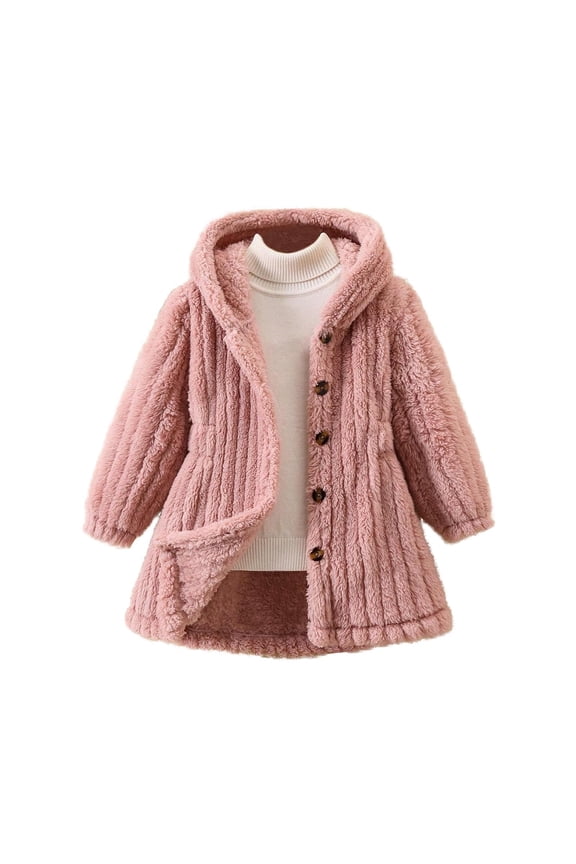 Girls Fuzzy Fleece Jacket Casual Button Down Sherpa Overcoat Faux Fur Long Outwear with Hood 3-7 Years, Pink