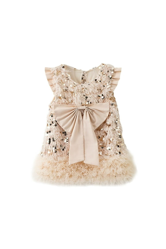 Girls' Sequin Dress A-Line Sleeveless Sparkly Gown Party Dresses with Big Bow for Kids 2-11 Years, Beige