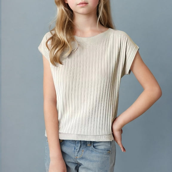 SwiftWear Girls Summer Tops, Solid Color Cap Sleeve Crew Neck Ribbed Casual Basic Shirts Beige Size 10-11Years