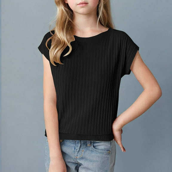 SwiftWear Girls Summer Tops, Solid Color Cap Sleeve Crew Neck Ribbed Casual Basic Shirts Black Size 6-7Years