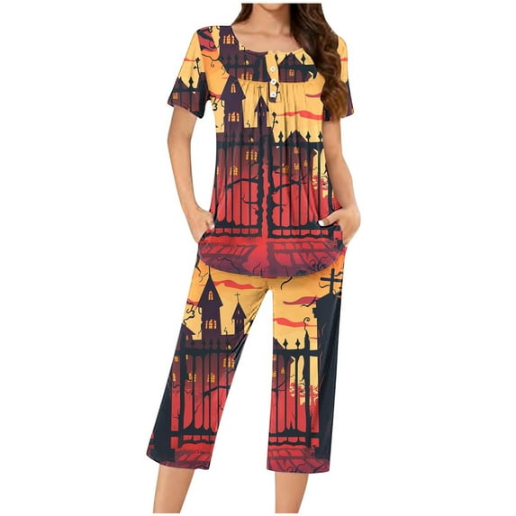 SwiftWear Halloween Pajamas Sets for Women Castle Pumpkin Bat Cute Spider Ghost Print Homewear Lounge Set Short Sleeve Henley Shirts Capris XXL