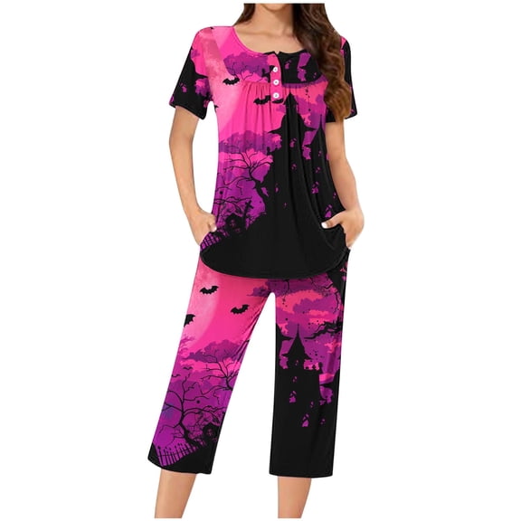 SwiftWear Halloween Pajamas Sets for Women Castle Pumpkin Bat Cute Spider Ghost Print Homewear Lounge Set Short Sleeve Henley Shirts Capris XXL