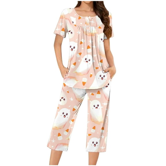 SwiftWear Halloween Pajamas Women 2 Piece Lounge Set Pumpkin Cobweb Cute Ghost Homewear Short Sleeve Henley Top Capris Set, Pink XL