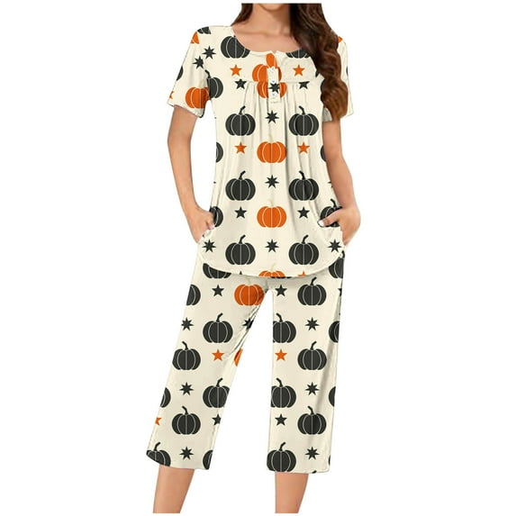 SwiftWear Halloween Pajamas Women 2 Piece Lounge Set Pumpkin Cobweb Cute Ghost Homewear Short Sleeve Henley Top Capris Set XXXL