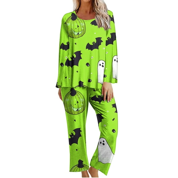 SwiftWear Halloween Pjs Women Bat Printing Round Neck Long Sleeved Shirts Long Pants Set Sleepwear Comfy Homewear Mint Green L