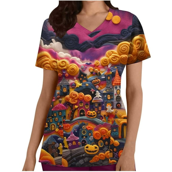 SwiftWear Halloween Scrub Tops for Women Cute V-Neck Pumpkin Printed Nursing Work Uniforms Holiday Tee Shirt with 2 Pockets S