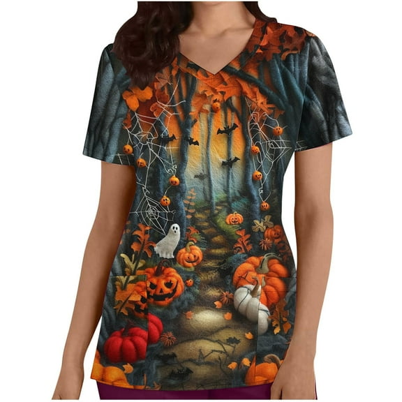 SwiftWear Halloween Scrub Tops for Women Cute V-Neck Pumpkin Printed Nursing Work Uniforms Holiday Tee Shirt with 2 Pockets XL