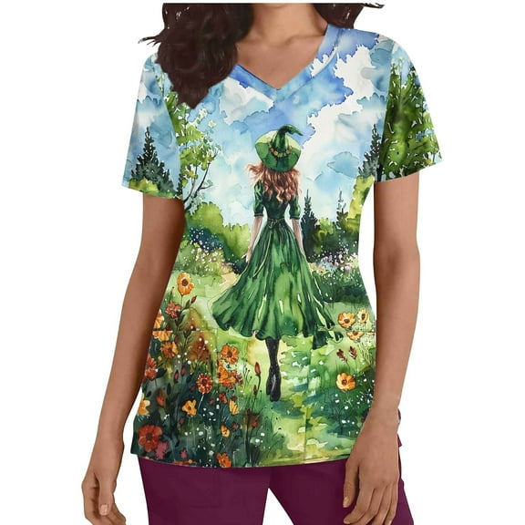 SwiftWear Halloween Witch Print Scrubs Tops for Women Nursing Scrubs Work Uniform V Neck Short Sleeve Nurse Scrub with Pockets L