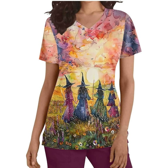 SwiftWear Halloween Witch Print Scrubs Tops for Women Nursing Scrubs Work Uniform V Neck Short Sleeve Nurse Scrub with Pockets M