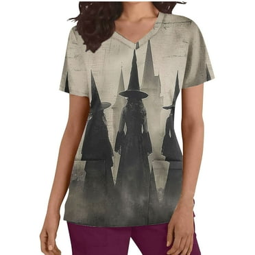SwiftWear Halloween Witch Print Scrubs Tops for Women Nursing Scrubs Work Uniform V Neck Short Sleeve Nurse Scrub with Pockets S