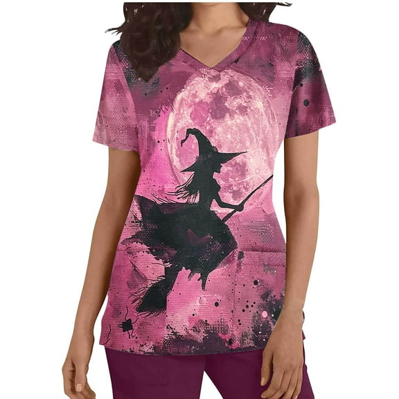 SwiftWear Halloween Witch Print Scrubs Tops for Women Nursing Scrubs Work Uniform V Neck Short Sleeve Nurse Scrub with Pockets S