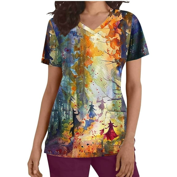 SwiftWear Halloween Witch Print Scrubs Tops for Women Nursing Scrubs Work Uniform V Neck Short Sleeve Nurse Scrub with Pockets XL
