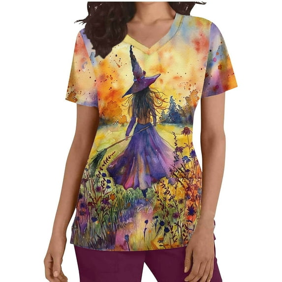 SwiftWear Halloween Witch Print Scrubs Tops for Women Nursing Scrubs Work Uniform V Neck Short Sleeve Nurse Scrub with Pockets XXL