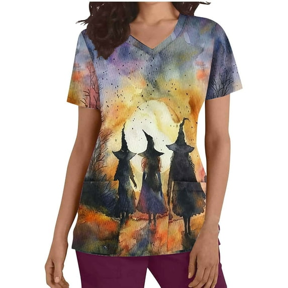 SwiftWear Halloween Witch Print Scrubs Tops for Women Nursing Scrubs Work Uniform V Neck Short Sleeve Nurse Scrub with Pockets XXL