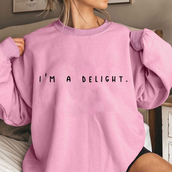 SwiftWear I'm A Delight Letter Print Sweatshirts for Women Oversized Hoodie Long Sleeve Crewneck Pullover Tops Fashion Fall Tops M