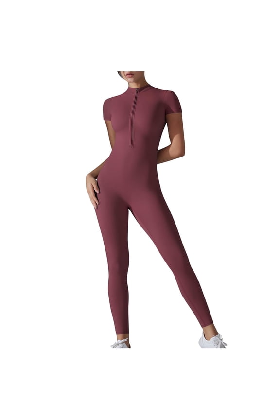 Jumpsuits for Women Solid Color Short Sleeve Quarter Zip Tight Jumpsuits Yoga Gym Bodybuilding Quick Dry XL