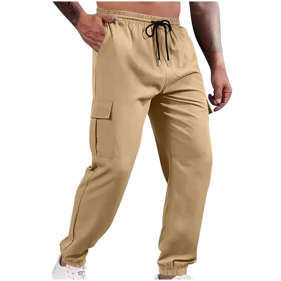 Yufatyle Khaki Workout Pants for Men Drawstring Elastic Waist Sweatpants Pockets Casual Pants Trousers M