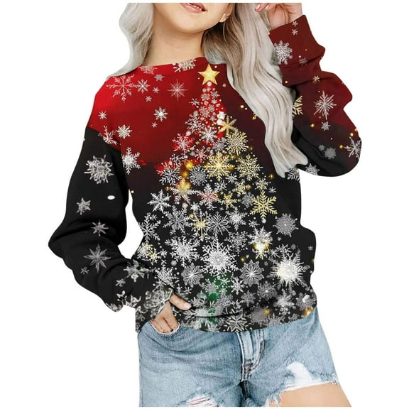 SwiftWear Kids Christmas Sweatshirts Boy Girl Xmas Tree Snowflake Pullover Long Sleeve Crewneck Top Winter Clothes for 1-12T, Red