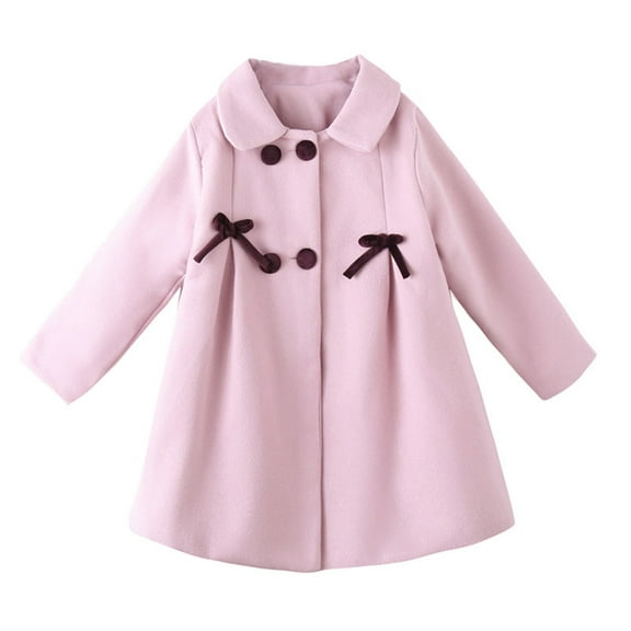 SwiftWear Kids Girls Dress Coat Bow Pleated Double Breasted Pea Coat Wool Jacket Lapel Overcoat Fall Winter Outerwear, Pink