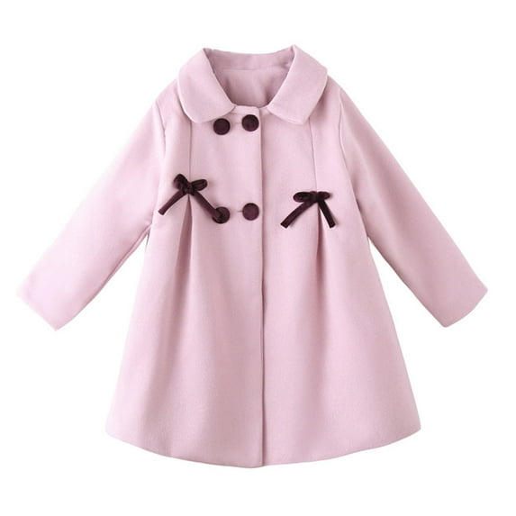 SwiftWear Kids Girls Dress Coat Bow Pleated Double Breasted Pea Coat Wool Jacket Lapel Overcoat Fall Winter Outerwear, Pink