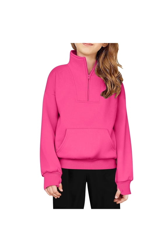 Kids Girls High Neck Sweatshirt Half Zip Pull-on Tops Quarter Zip Y2K Loose Streetwear with Pocket Thumb Hole, Hot Pink