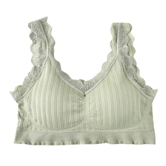 Yufatyle Lace Trim Wireless Sports Bra Medium Support No Steel Ring Underwear Ribbed Bra, Green Free Size