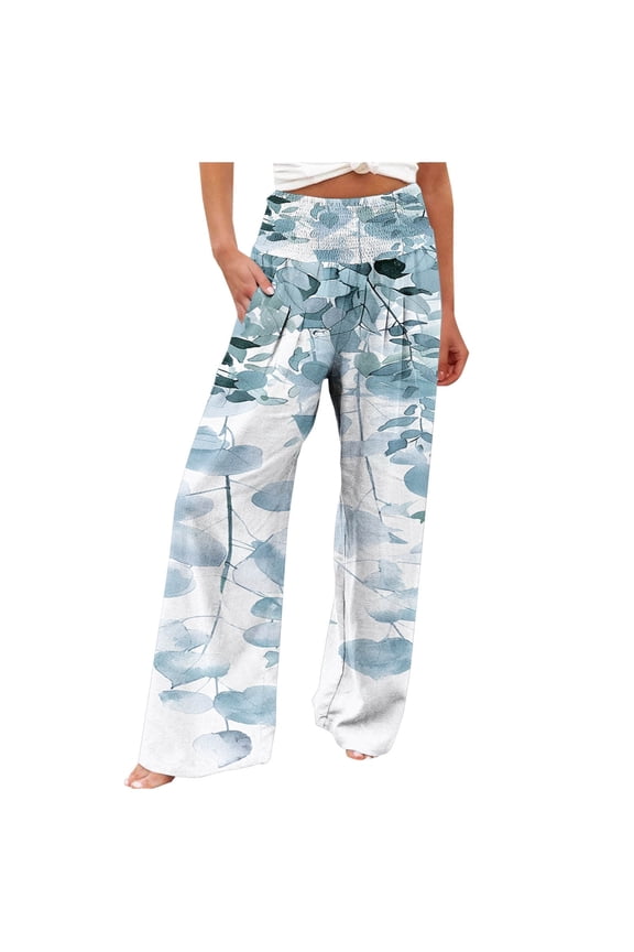 Leaf Printed Pants Casual Comfortable Trendy Pockets Pleated Elastic High Waist Straight Wide Leg Loose Pants L
